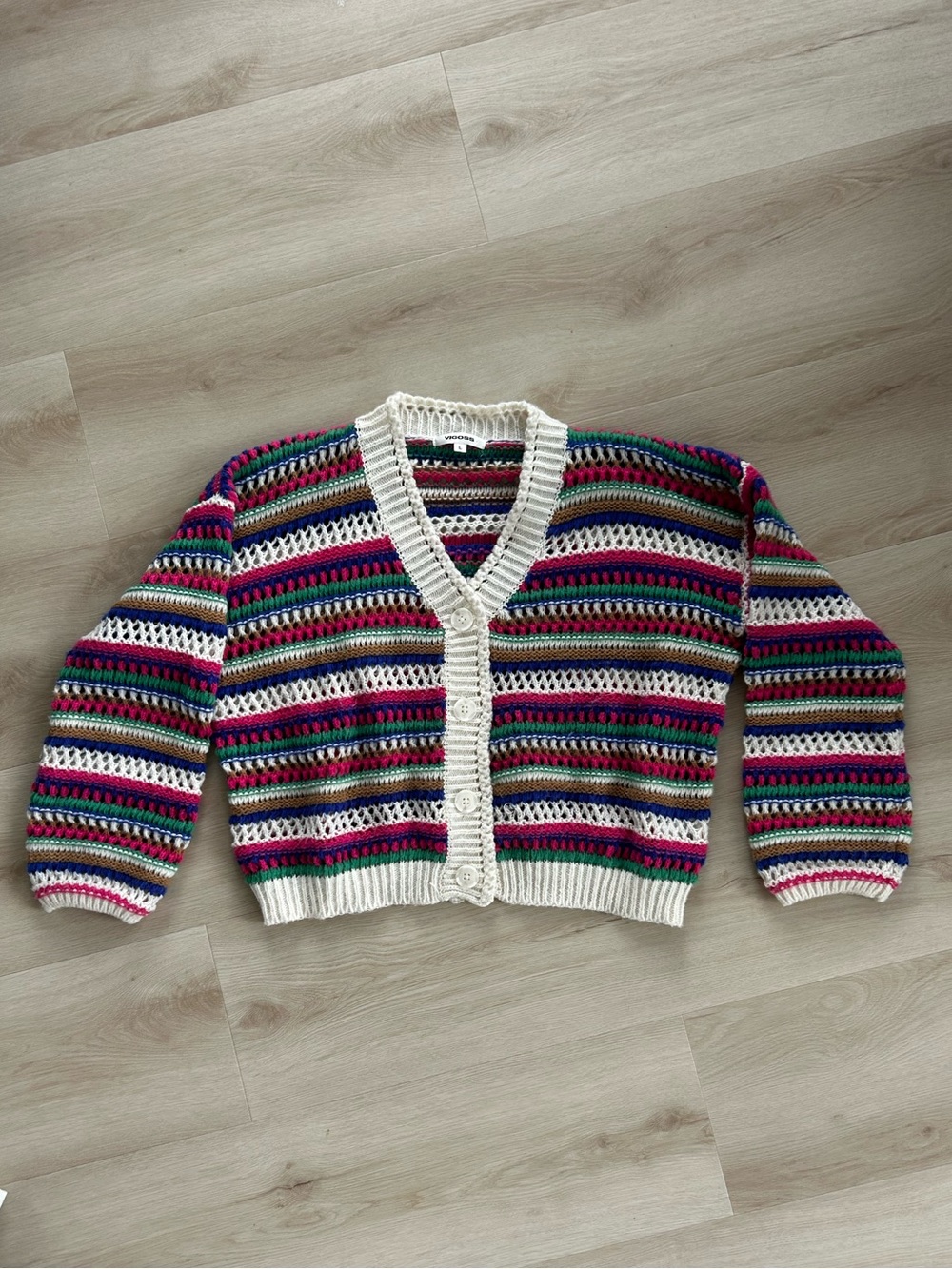 Vigoss Striped Crochet V-Neck Cardigan in Cream, Pink, Green, Blue